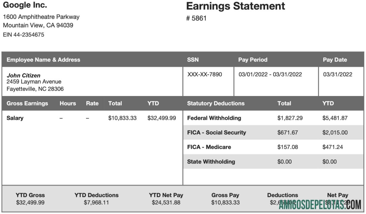 Demonstrativo de ganhos da GOOGLE Inc em formatos Word e PDF exemplo